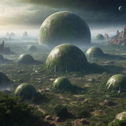 A planet undergoing terraforming, with towering bio-domes housing lush greenery against the contrast of barren and alien terrains