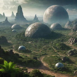 A planet undergoing terraforming, with towering bio-domes housing lush greenery against the contrast of barren and alien terrains