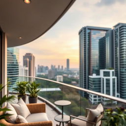 A luxurious apartment balcony view showcasing a breathtaking cityscape in the background