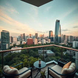 A luxurious apartment balcony view showcasing a breathtaking cityscape in the background