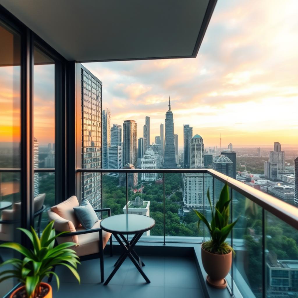 A luxurious apartment balcony view showcasing a breathtaking cityscape in the background