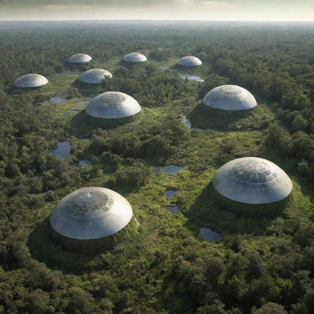 The planet Mercury transformed into a verdant oasis by human colonization, with forests sprawling across its once barren landscape, encased in protective biodomes