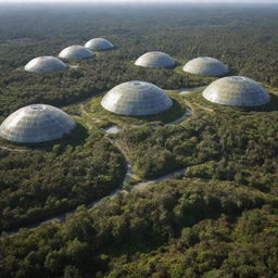 The planet Mercury transformed into a verdant oasis by human colonization, with forests sprawling across its once barren landscape, encased in protective biodomes