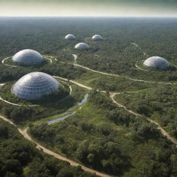 The planet Mercury transformed into a verdant oasis by human colonization, with forests sprawling across its once barren landscape, encased in protective biodomes