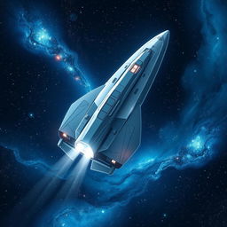 A stunning illustration of a spaceship soaring gracefully through a starry sky