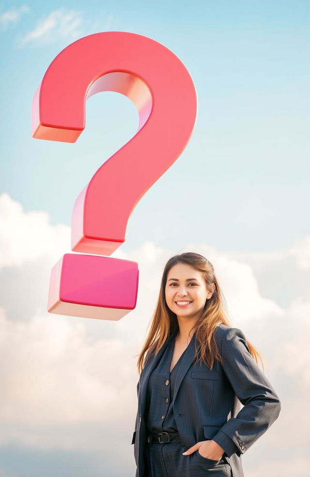 A young woman standing confidently next to a large, vibrant question mark