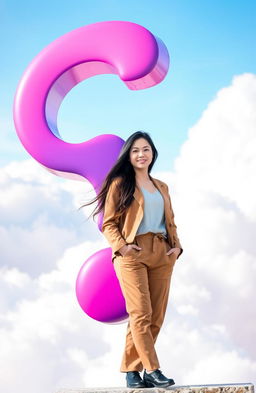 A young woman standing confidently next to a large, vibrant question mark