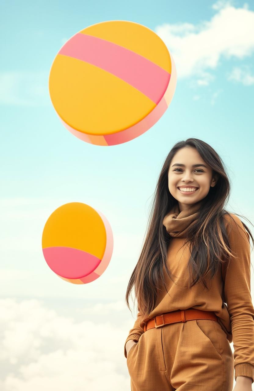 A young woman standing confidently next to a large, vibrant question mark