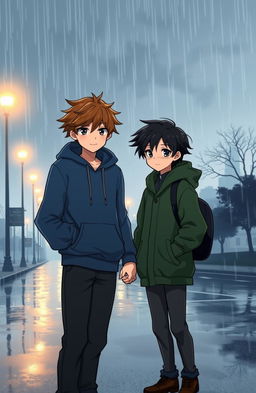 A poignant scene of two boys standing on a rainy street, holding hands but with a look of bittersweet longing on their faces