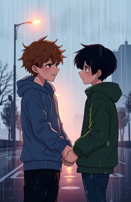 A poignant scene of two boys standing on a rainy street, holding hands but with a look of bittersweet longing on their faces
