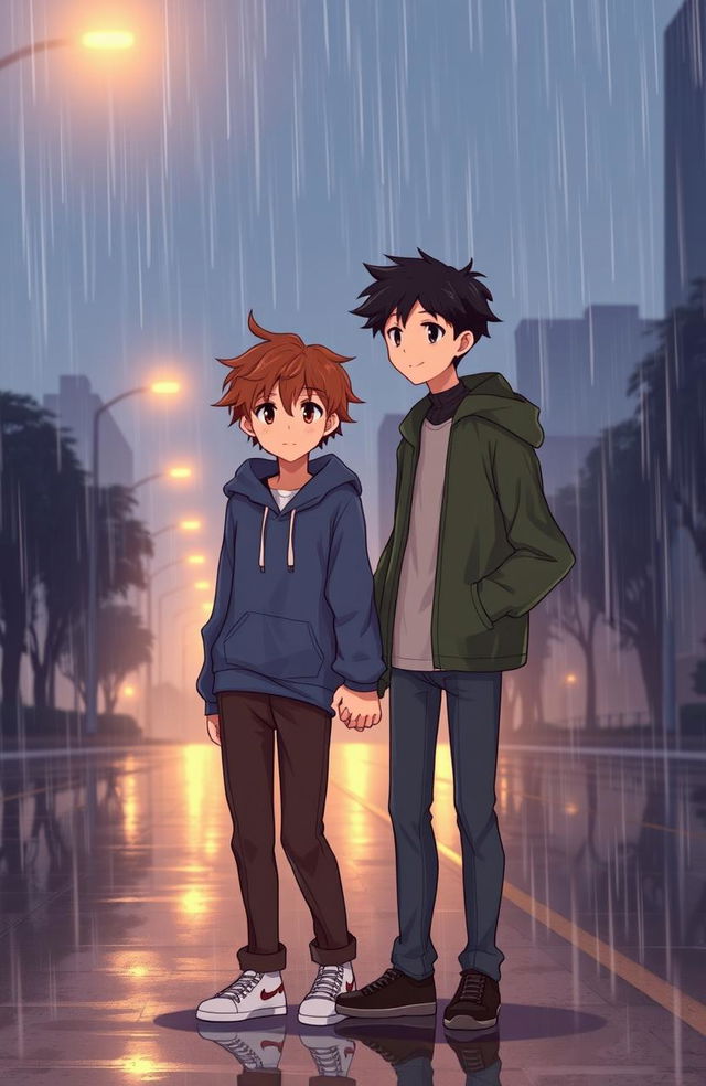 A poignant scene of two boys standing on a rainy street, holding hands but with a look of bittersweet longing on their faces