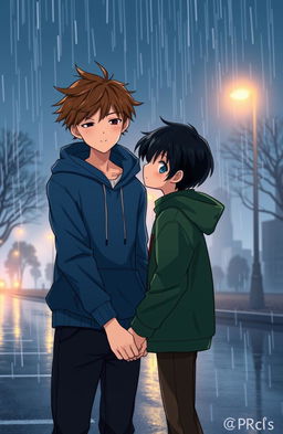 A poignant scene of two boys standing on a rainy street, holding hands but with a look of bittersweet longing on their faces