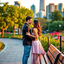 A romantic outdoor setting perfect for a couple's photo, featuring a picturesque cityscape in the background