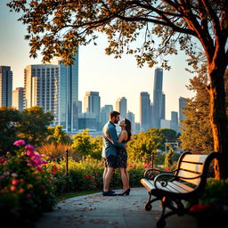 A romantic outdoor setting perfect for a couple's photo, featuring a picturesque cityscape in the background