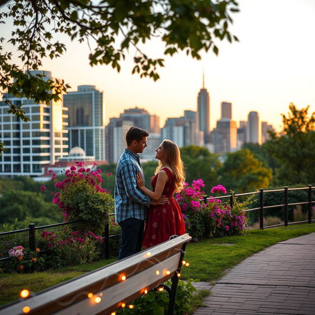 A romantic outdoor setting perfect for a couple's photo, featuring a picturesque cityscape in the background