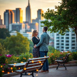 A romantic outdoor setting perfect for a couple's photo, featuring a picturesque cityscape in the background