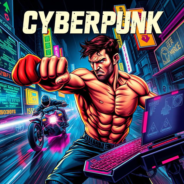 A vibrant cyberpunk novel cover bursting with action