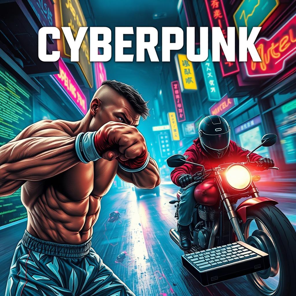 A vibrant cyberpunk novel cover bursting with action