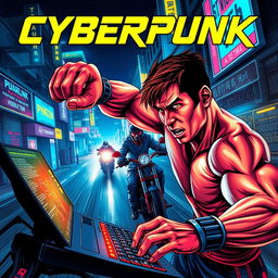 A vibrant cyberpunk novel cover bursting with action