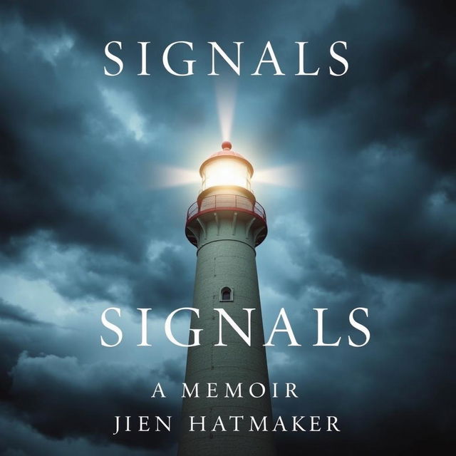 An evocative book cover for "Signals: A Memoir" by Jen Hatmaker, featuring a close-up view of a lighthouse set against a backdrop of dark, stormy skies