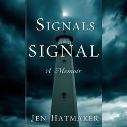 An evocative book cover for "Signals: A Memoir" by Jen Hatmaker, featuring a close-up view of a lighthouse set against a backdrop of dark, stormy skies