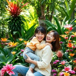 Zhang Linghe and Song Ji Eun in a vibrant botanical garden, laughing and playing together