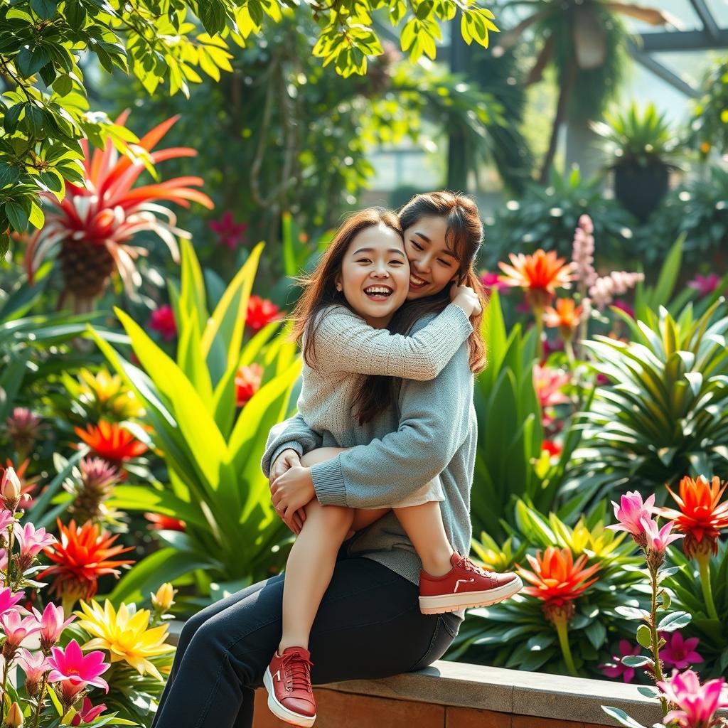 Zhang Linghe and Song Ji Eun in a vibrant botanical garden, laughing and playing together