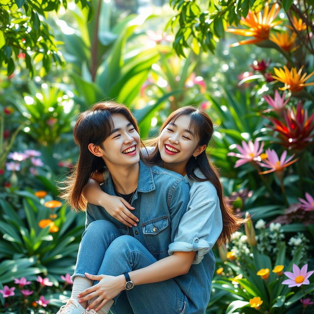 Zhang Linghe and Song Ji Eun in a vibrant botanical garden, laughing and playing together