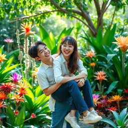 Zhang Linghe and Song Ji Eun in a vibrant botanical garden, laughing and playing together