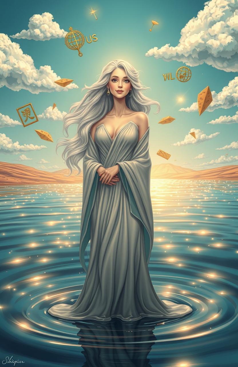 A satirical atheistic beauty depiction featuring an elegant, ethereal woman standing confidently amidst a serene landscape, surrounded by shimmering waters reflecting the sky