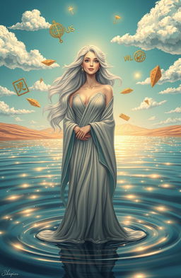 A satirical atheistic beauty depiction featuring an elegant, ethereal woman standing confidently amidst a serene landscape, surrounded by shimmering waters reflecting the sky