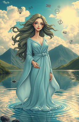 A satirical atheistic beauty depiction featuring an elegant, ethereal woman standing confidently amidst a serene landscape, surrounded by shimmering waters reflecting the sky