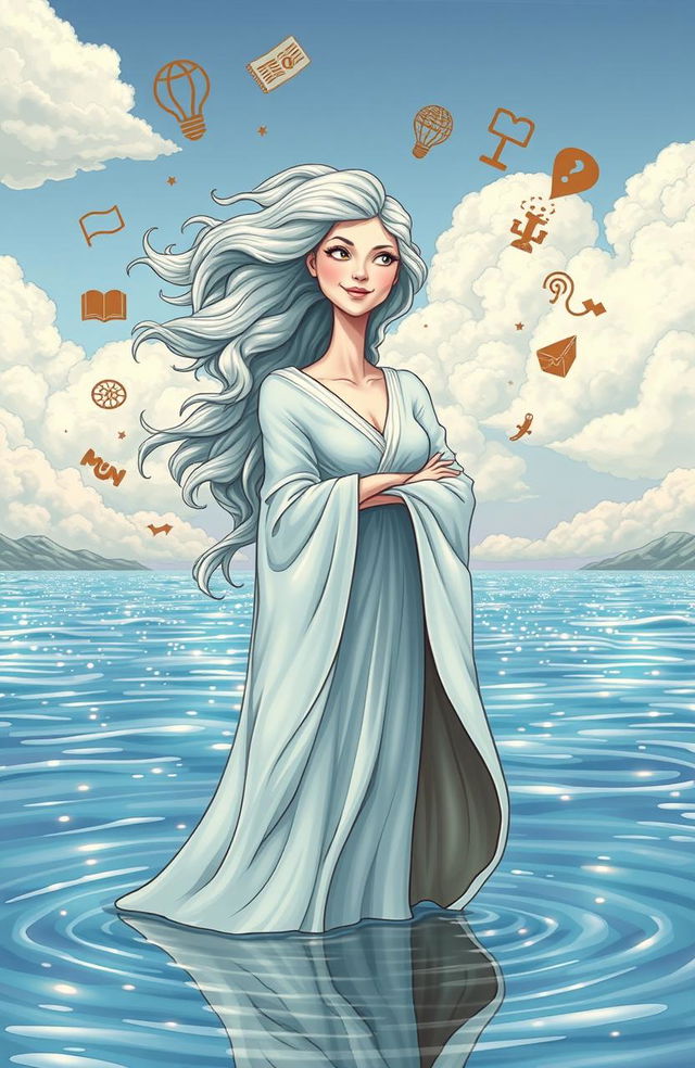 A satirical atheistic beauty depiction featuring an elegant, ethereal woman standing confidently amidst a serene landscape, surrounded by shimmering waters reflecting the sky