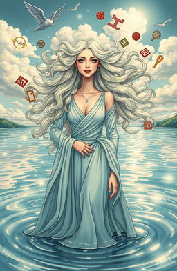 A satirical atheistic beauty depiction featuring an elegant, ethereal woman standing confidently amidst a serene landscape, surrounded by shimmering waters reflecting the sky