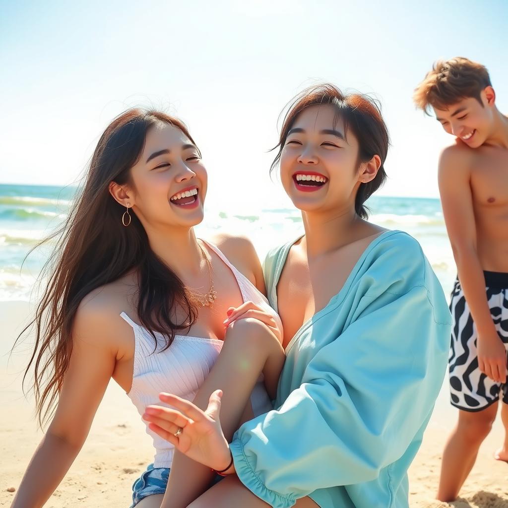A joyful scene at the beach featuring Zhang Linghe and Song Ji Eun