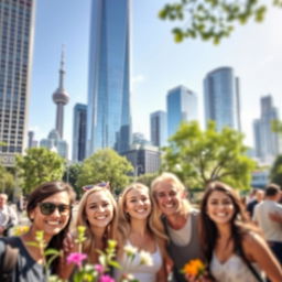 A beautiful urban landscape ideal for a group photo, featuring a blurred city backdrop that creates a soft, dreamy effect