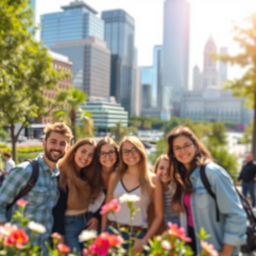 A beautiful urban landscape ideal for a group photo, featuring a blurred city backdrop that creates a soft, dreamy effect