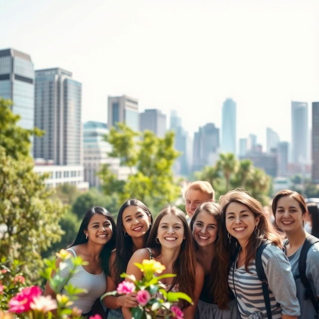 A beautiful urban landscape ideal for a group photo, featuring a blurred city backdrop that creates a soft, dreamy effect