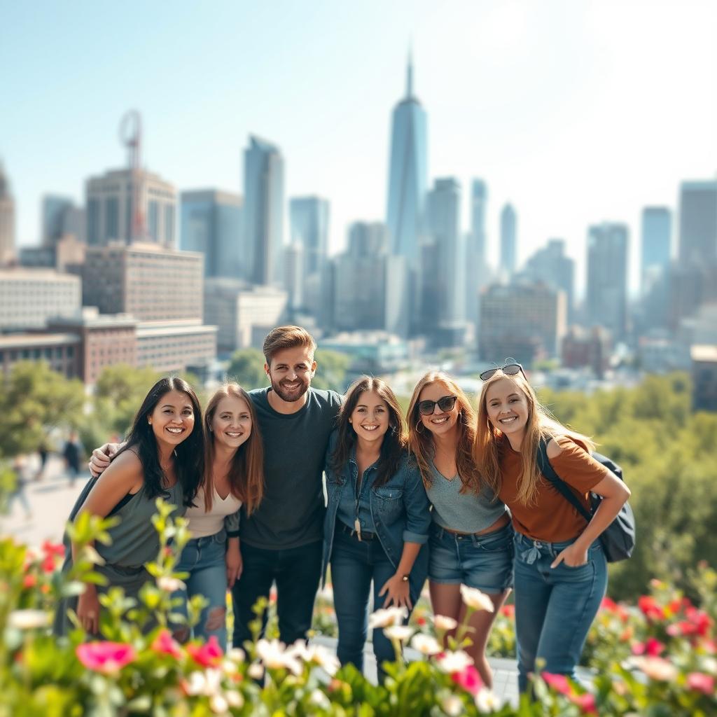 A beautiful urban landscape ideal for a group photo, featuring a blurred city backdrop that creates a soft, dreamy effect