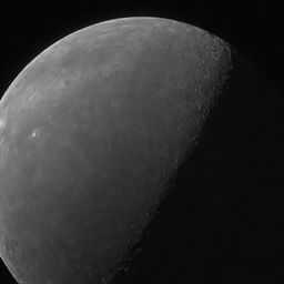 A breathtaking view of the planet Mercury, showcasing its barren, rocky surface with crater marks, against the backdrop of deep space, illuminated by a distant sun