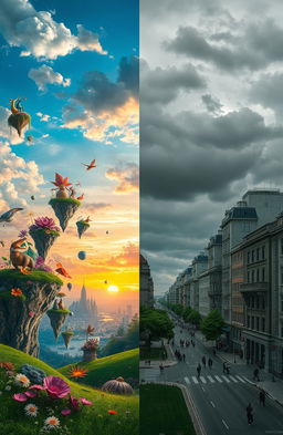 A surreal landscape depicting the transition from a dreamy perspective to harsh reality