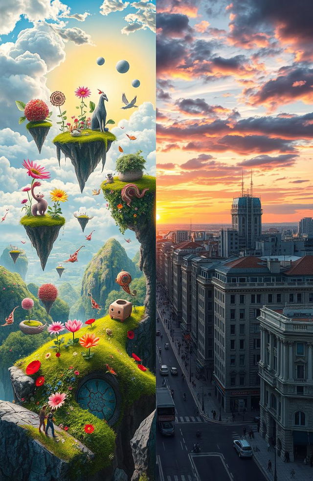 A surreal landscape depicting the transition from a dreamy perspective to harsh reality