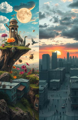 A surreal landscape depicting the transition from a dreamy perspective to harsh reality
