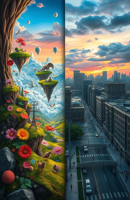 A surreal landscape depicting the transition from a dreamy perspective to harsh reality
