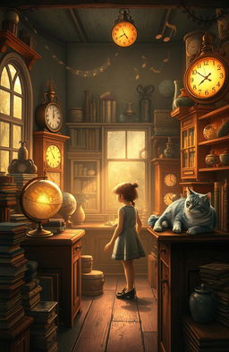 A whimsical and enchanting scene inspired by the theme of 'whisper of the heart', featuring a young girl exploring a charming vintage antique shop