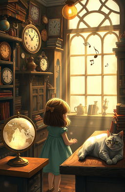 A whimsical and enchanting scene inspired by the theme of 'whisper of the heart', featuring a young girl exploring a charming vintage antique shop