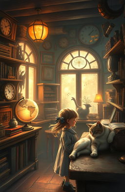 A whimsical and enchanting scene inspired by the theme of 'whisper of the heart', featuring a young girl exploring a charming vintage antique shop