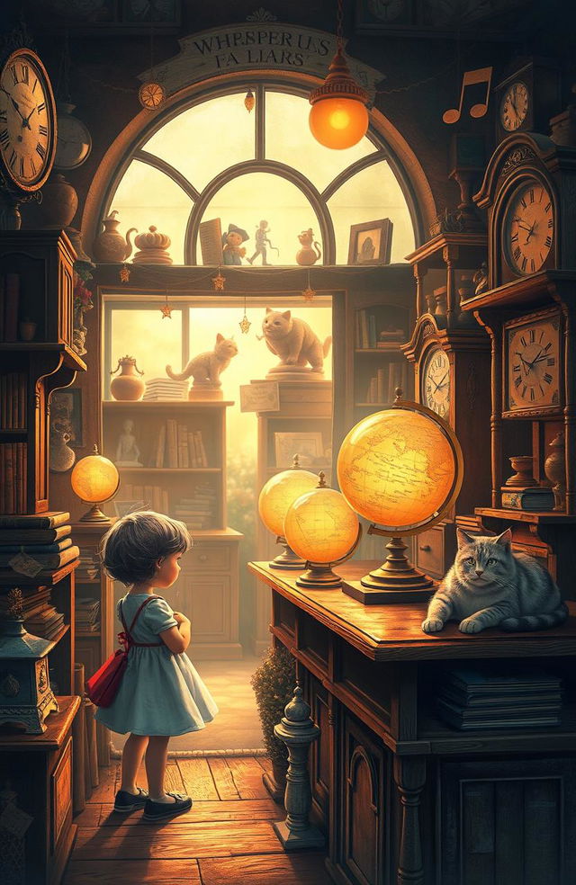 A whimsical and enchanting scene inspired by the theme of 'whisper of the heart', featuring a young girl exploring a charming vintage antique shop