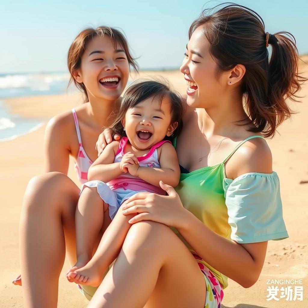 A joyful beach scene featuring Zhang Linghe and Song Ji Eun, both laughing and playing together