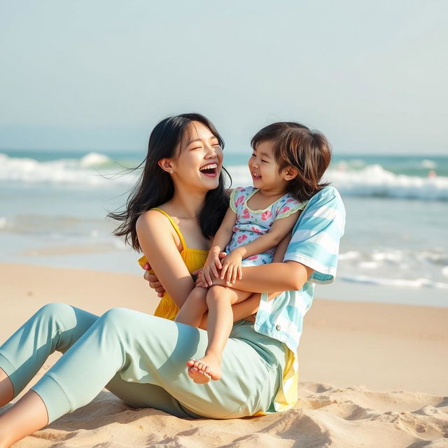 A joyful beach scene featuring Zhang Linghe and Song Ji Eun, both laughing and playing together